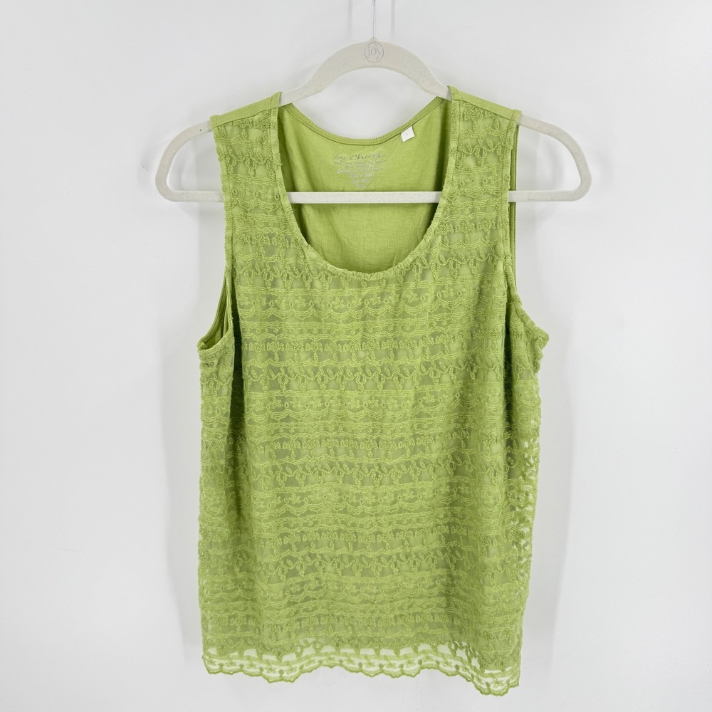 Chicos Lace Overlay Tank Top Chartreuse Size 2 Large Boho Sleeveless Grannycore